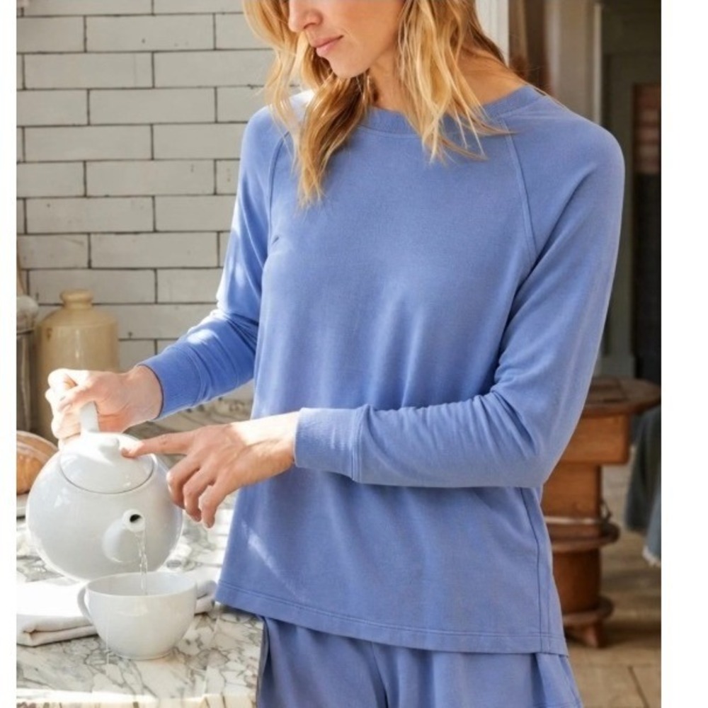 Lake Pajamas Womens Modal Long Sleeve Crewneck Raglan Sweatshirt Blue Small
